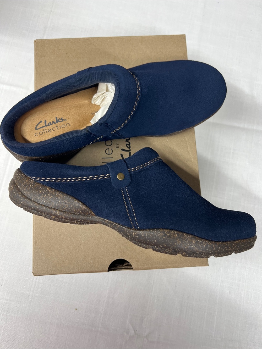 Clarks Navy Suede Slip-On Mules - Picture 2 of 4